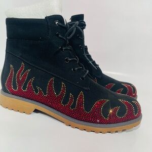 Cape Robbin Black Boots with Red and Gold Flame Design